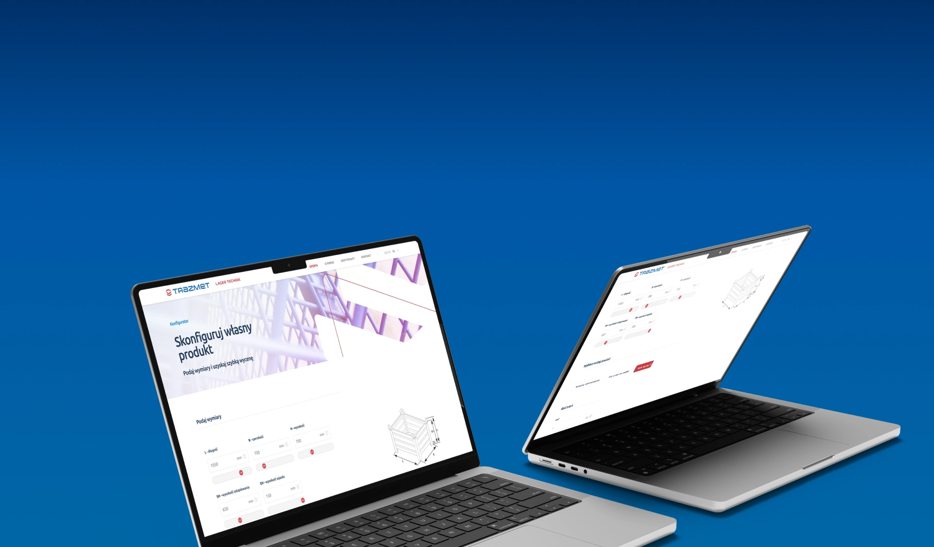 Zdjęcie przedstawia stronę internetową firmy Trazmet wyświetlaną na tablecie i laptopie. Na stronie znajduje się pojemnik metalowy z wjazdami, galeria zdjęć, tabela z wymiarami oraz formularz kontaktowy z danymi firmy i mapą.