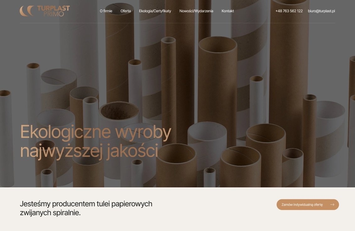 Strona internetowa Turplast Primo promuje ekologiczne wyroby, w tym tuleje papierowe, z hasłem „Ekologiczne wyroby najwyższej jakości” i przyciskiem do oferty.