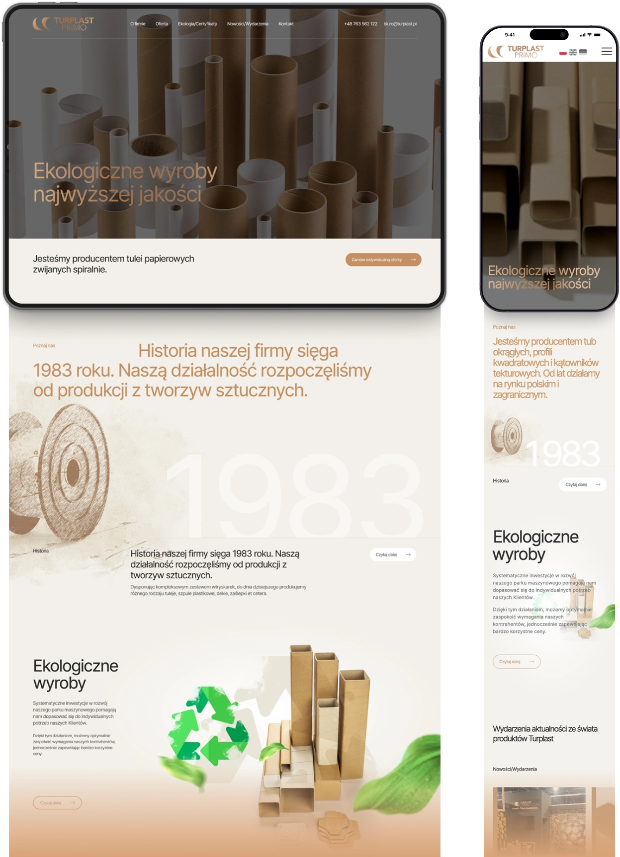 Strona internetowa przedstawia historię firmy Turplast Primo, sięgającą 1983 roku, początkowo zajmującą się produkcją tworzyw sztucznych. Podkreślono ekologiczną ofertę.