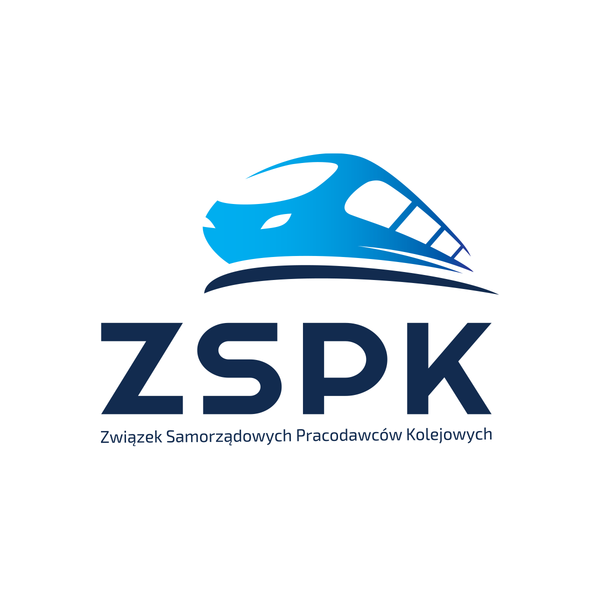 Logo "ZSPK" w niebieskiej kolorystyce, z dynamicznym symbolem pociągu. Nowoczesna typografia podkreśla branżowy charakter organizacji kolejowej i jej innowacyjność.