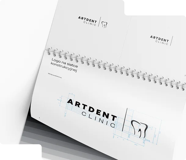 Zdjęcie przedstawia księgę identyfikacji wizualnej dla ArtDent Clinic, w której zaprezentowano logo na siatce konstrukcyjnej. Dokument ten zawiera wytyczne dotyczące proporcji, układu i sposobu stosowania znaku graficznego