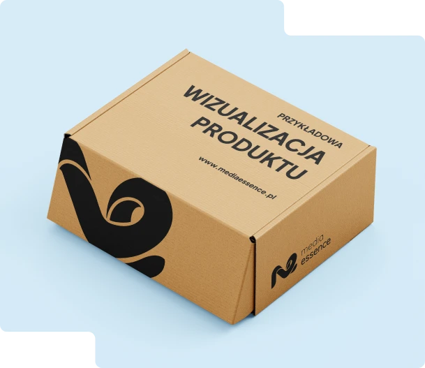 Na obrazku widzimy kartonowe opakowanie, które jest przykładem wizualizacji produktu od firmy Media Essence.