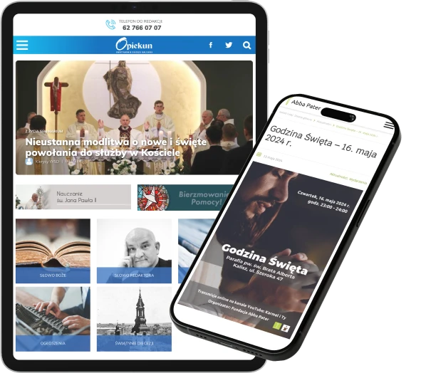 Na tablecie widoczna jest strona Opiekun, z artykułami o modlitwie, nauczaniu i wydarzeniach religijnych. Na smartfonie wyświetla się informacja o Godzinie Świętej, z datą, miejscem oraz szczegółami transmisji online.