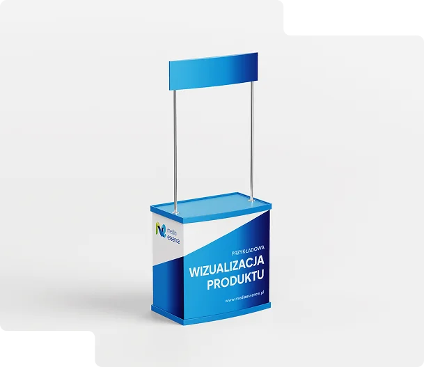 Na zdjęciu znajduje się stoisko reklamowe z logo „media essence. Jest to stojak z dużą powierzchnią reklamową i górną ramą do umieszczenia dodatkowego napisu lub grafiki