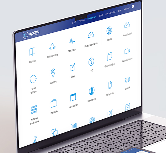 Na zdjęciu widać laptopa z wyświetlonym ekranem systemu zarządzania treścią (CMS). Widoczna jest lista ikon i funkcji dostępnych w systemie, takich jak 