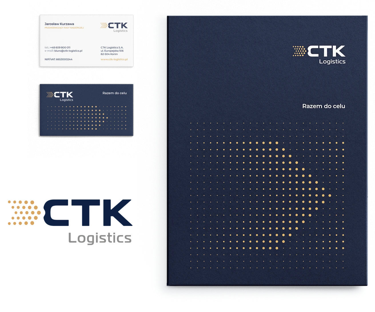 Obrazek przedstawia zestaw identyfikacji wizualnej firmy CTK Logistics. 